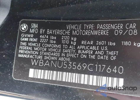 2009 BMW 528I z USA, uszkodzony, nr VIN WBANU53569C117640